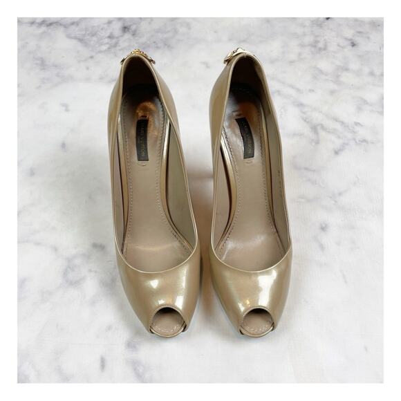 Louis Vuitton Oh Really! Beige Patent Leather Peep Toe Pumps Gold LV Padlock - Picture 4 of 14